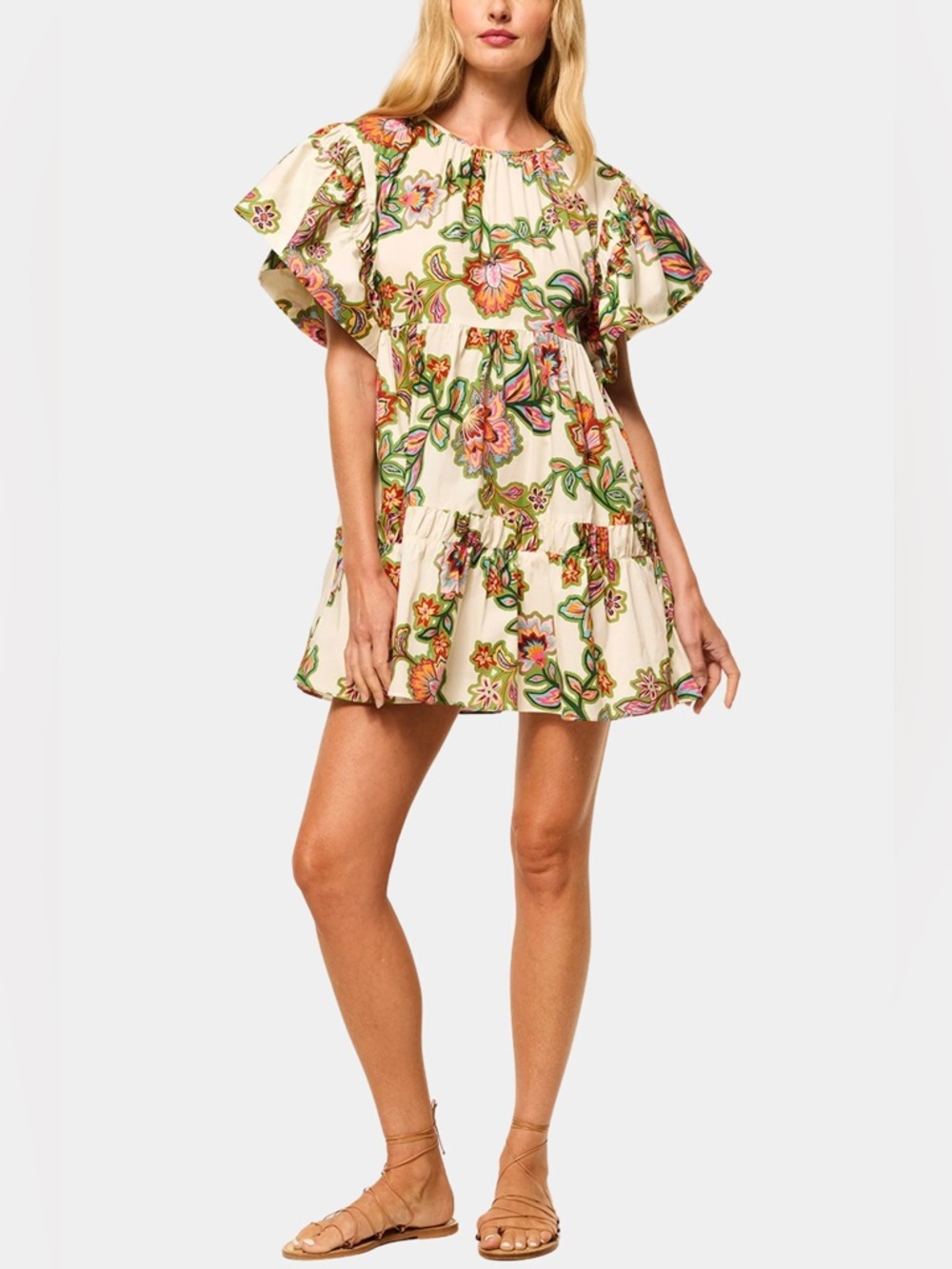MISA Los Angeles Mabel Green Floral Mini Dress Botanical Print Flutter Sleeve XS